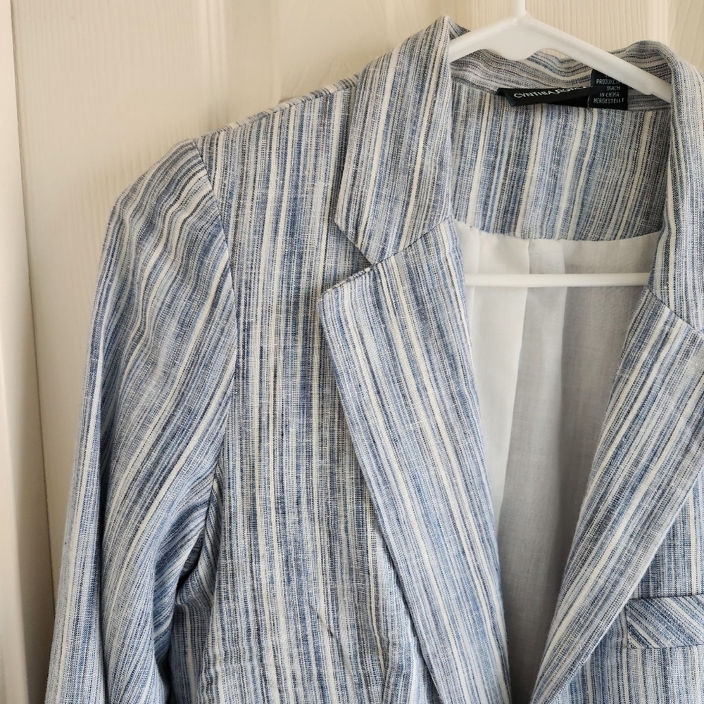 Cynthia Rowley Blue Striped Linen Blend Open Front Blazer Jacket Size Medium - Picture 3 of 11